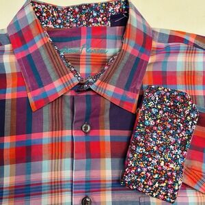 Alan Flusser Men's XL Long Sleeve Button Down Plaid Shirt Floral Flip Cuff